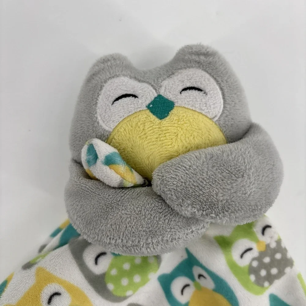 Carters Gray Owl Plush Velour Lovey Security Blanket Green Yellow 14